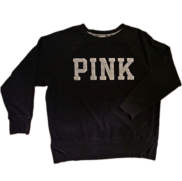 PINK Victoria's Secret Tops - EUC PINK Victoria’s Secret Black fleece Crewneck Sweatshirt with White medium